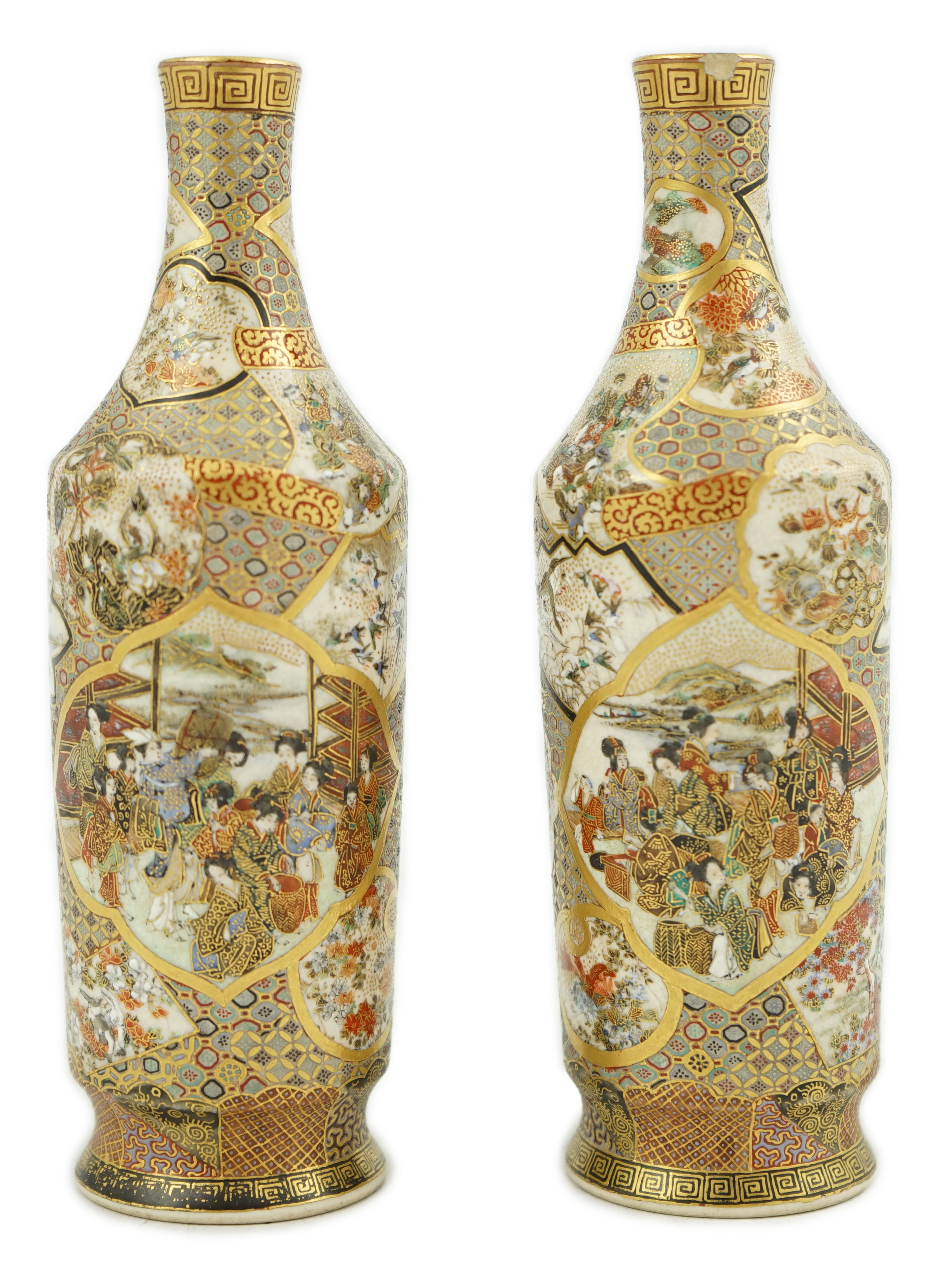 A pair of Japanese Satsuma bottle vases, Meiji period